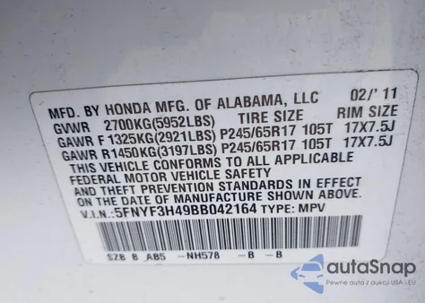 2011 Honda Pilot Ex из США, поврежденный, VIN 5FNYF3H49BB042164